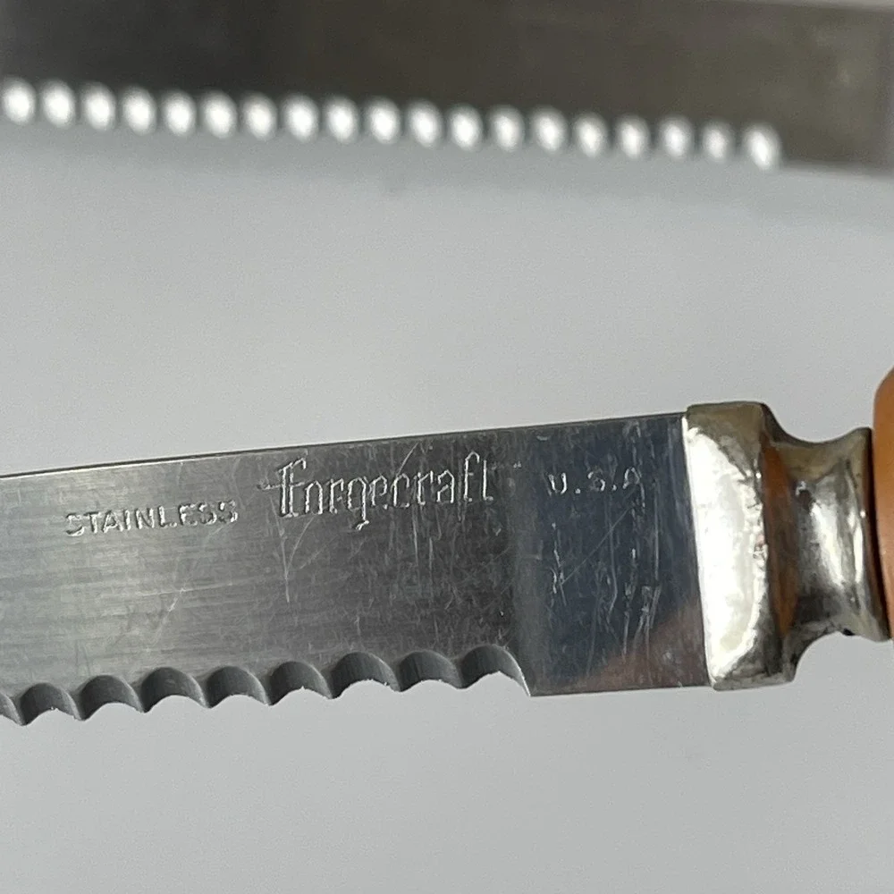 Vintage Stainless Forgecraft USA Steak Knives Set 6 Stag Faux Antler Handle MCM